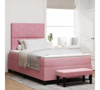 vidaXL Cama Box Spring con Colchón de Terciopelo y Banco Rosa 120X200 cm | Diseño Moderno de Bloques de Diamante Fácil de Montar Herramientas Incluidas Muebles para Dormitorio Estructura de Espuma T