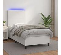 vidaXL Cama Box Spring y colchón LED Somier Cama Individual Estructura Mueble Dormitorio Habitación Interior Cuero Sintético Blanco 90x200 cm