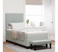 vidaXL Cama con resortes con colchón de Terciopelo y Banco Gris Claro 90X190 cm | Diseño Moderno con Botones de Cristal, Acabado Resistente a Manchas, Incluye Herramientas para fácil Montaje, Mueble