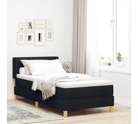 vidaXL Cama de 90 x 200 cm con somier, tapizada en Tela Negra. Diseño Moderno, cabecera Ajustable en Altura, Patas de Madera cuadradas, colchón de dureza Media y Funda extraíble con Cremallera inclu