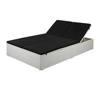 vidaXL Cama de patio, sofá cama para exteriores con cojines, mimbre de ratán al aire libre, diván doble para jardín, césped, ratán de poliéster negro