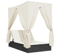 vidaXL Tumbona Doble con Techo y Cortinas ratán sintético Negro, Tumbona, Cama de día de Exterior, Cama de día de jardín, Tumbona de Exterior