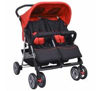 vidaXL Carrito de Gemelos Acero y Tela Oxford Rojo y Negro Cochecito Mellizos