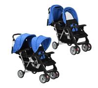 vidaXL Carrito Doble Tandem Acero y Tela Oxford Azul Negro Cochecito Mellizos