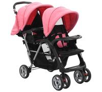 vidaXL Carrito para Dos Bebés Tandem Rosa/Negro de Acero Cochecito de Mellizos Ajustable Transporte Ligero Versátil Compacto Práctico Cómodo Plegable