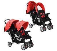 vidaXL Carrito para Gemelos Acero y Tela Oxford Rojo Negro Cochecito Mellizos