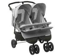 vidaXL Carrito para Gemelos Cochecito Sillita Gemelar Silla de Paseo Canasta Niños Dosel Plegable Reposapiés Ajustable de Acero Gris Claro