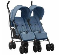 vidaXL Carrito para Gemelos Cochecito Sillita Gemelar Silla de Paseo Canasta Niños Reposapiés Ajustable Dosel Plegable de Acero Azul Marino