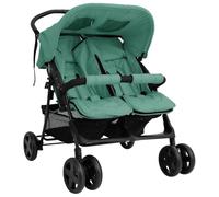 vidaXL Carrito para Gemelos Cochecito Sillita Gemelar Silla de Paseo Canasta Niños Reposapiés Ajustable Dosel Plegable de Acero Verde