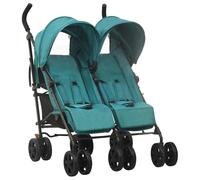 vidaXL Carrito para Gemelos Cochecito Sillita Gemelar Silla de Paseo Canasta Niños Reposapiés Ajustable Dosel Plegable de Acero Verde