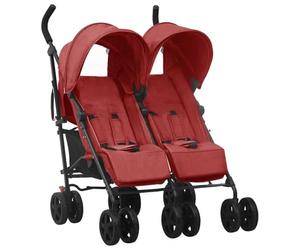 vidaXL Carrito para Gemelos Cochecito Sillita Gemelar Silla de Paseo Canasta Niños Reposapiés Ajustable Dosel Plegable de Acero Rojo