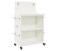 vidaXL Carro de herramientas blanco con tablero de clavos arriba y atrás, ruedas bloqueables, rotación 360°, estantes de metal con acabado mate, estilo industrial para el taller, organizador de gara