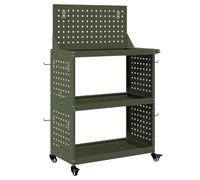 vidaXL Carro de herramientas con panel perforado en la parte superior, hecho de acero con recubrimiento en polvo verde oliva. Mide 65 x 35 x 111 cm, con estantería mate, ruedas bloqueables y ganchos