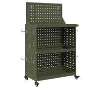 vidaXL Carro de herramientas en color verde oliva, con un panel de pegboard arriba y atrás, ruedas con traba, giro de 360°, estantes de acero super resistentes, mide 65 x 35 x 111 cm. Ideal para org