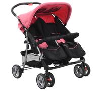 vidaXL Cochecito para Gemelos de Acero Rosa y Negro Accesorios Bebés Mellizos Ajustable Transporte Ligero Versátil Compacto Práctico Cómodo Plegable