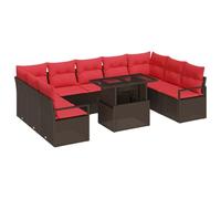 vidaXL Conjunto de sofá de jardín 10 pcs Marrón y Rojo Poliratán, Juego de Lounge Modular para jardín y terraza, sofá Exterior Rectangular, Asiento Resistente al Clima, Muebles Ajustables