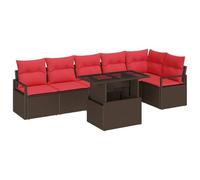 vidaXL Conjunto de sofá de jardín 7 pcs Marrón y Rojo ratán sintético, Conjunto de Sofás para Jardín y Terraza, Módulo Exterior, Materiales Resistentes, Asientos para Patio, Todo En Uno
