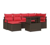 vidaXL Conjunto de sofá de jardín 7 pcs Marrón y Rojo Poliratán, Sofá Moderno para jardín y terraza, Mimbre Resistente al Sol, Zona de Descanso Personalizable para Disfrutar la Primavera