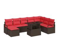 vidaXL Conjunto de sofá de jardín 9 pcs Marrón y Rojo ratán sintético, Juego Moderno de Muebles de Exterior, colección de sofás modulares, Materiales Resistentes a UV, Asientos de jardín lujosos