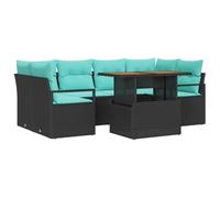 vidaXL Conjunto de sofá de jardín con cojín 7 pcs Negro y Azul, Sofá Modular Moderno para jardín y terraza, Materiales UV, Ligero, Mesa de Acacia, Muebles de ratán