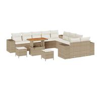 vidaXL Conjunto de sofá de jardín de 13 Piezas con Cojines Beige de ratán y poliéster de Acacia. Ideal para 5 Personas. Diseño Resistente a los Rayos UV. Soluciones de Almacenamiento versátiles. EST
