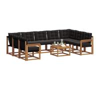 vidaXL Conjunto de sofás de Exterior con cojín 10 pcs Natural y Negro, Juego de Muebles de Madera de Acacia, sofá Moderno para jardín, cómoda Tumbona en Patio, Respaldo Textilene, sofá marrón