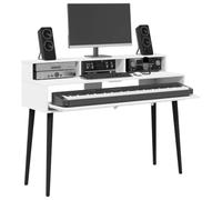 vidaXL Escritorio de estudio blanco de 110 x 42,5 x 36 cm, madera de ingeniería, escritorio de estudio moderno, espacio de trabajo de música funcional, muebles de teclado de madera de ingeniería