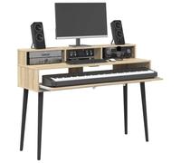 vidaXL Escritorio de estudio de roble Sonoma, 130 x 42,5 x 36 cm, madera de ingeniería, escritorio de estudio moderno, espacio de trabajo de música funcional, muebles de teclado de madera de