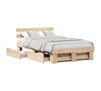 vidaXL Cama con Cajones Natural 135 x 190 cm de Madera de Pino Maciza - Plataforma para Dormitorio, Solución Moderna para Dormir, Estructura de Cama Contemporánea con Cabecero Bajo