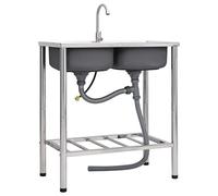 vidaXL Fregadero de Camping Doble Seno y Grifo Lavabo Cocina de Jardín Garaje Patio Balcón Terraza Exterior Autocaravana Escurridor Acero Inoxidable
