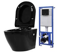 vidaXL Inodoro de Pared con Cisterna Oculta Váter Suspendido Cuarto de Baño Cierre Automática Asiento Colgante con Tapa Cerámica Negro
