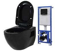 vidaXL Inodoro de Pared con Cisterna Oculta Suspendido Váter para Baño Fácil de Limpiar Cierre Suave Tapa Automática Cerámica Negro