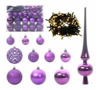 vidaXL Juego de Esferas de Navidad con 150 LED 61 pcs Lila Plástico, Sala de Estar, Adornos de Navidad Modernos y Ligeros, Juego de Adornos LED, Decoración Festiva, Decoraciones para árbol Interior,