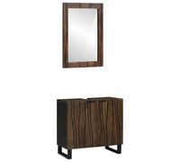 vidaXL Juego de Espejo y Mueble de Lavabo con Almacenamiento en Madera de Mango Sólida Color Nogal, Estilo Moderno, Acabado Texturizado, Interior Espejado, Montaje Necesario, Diseño de Grano Único, C