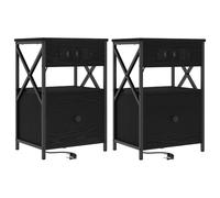 vidaXL Juego de Mesas de Noche de 2 Piezas en Madera de Roble Negro con Patas de Metal, 40 x 31 x 60 cm. Estilo Moderno con Estación de Carga y Cajones para Guardar Cosas en el Dormitorio. Mueble Noct