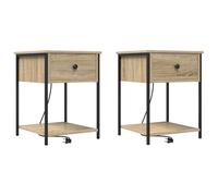 vidaXL Juego de Mesitas de Noche de 2 Piezas de Madera Ingenierizada en Roble Sonoma, 42 x 41 x 56 cm, Marrón, Moderno, con Estación de Carga, Estructura de Acero, Superficie Texturada, Cajones y EST