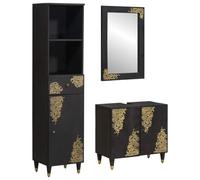 vidaXL Juego de Muebles de Baño 3 pcs Negro Madera de Mango Maciza, Solución de Almacenamiento rústico para baño, Conjunto Elegante, Muebles funcionales, Madera de Mango montados en Pared