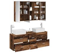 vidaXL Juego de Muebles de baño 4 pcs Madera Envejecida, Estante de baño Moderno, Mueble de Madera, Armario Pared, Espejo LED, Juego versátil para tu hogar