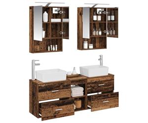vidaXL Juego de Muebles de baño 5 pcs Madera Envejecida, Juego de baño Compacto, luz LED Moderna, Unidad de tocador eficiente, Armario Espejo USB, Almacenamiento Modular
