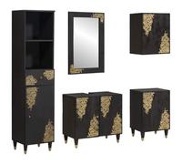 vidaXL Juego de Muebles de Baño 5 pcs Negro Madera de Mango Maciza, Mueble de Baño, Madera de Mango Rústica, Almacenamiento de Pared, Detalles Dorados, Decoración Elegante