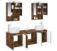 vidaXL Juego de Muebles de Baño 5 pcs Roble Ahumado, Conjunto Moderno de baño, tocador Rectangular, Almacenamiento, Espejo LED y armarios de Madera