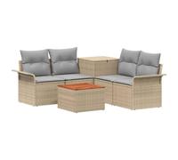vidaXL Juego de sofá 6 pcs 4 plazas - Ratán resistente exterior, Beige/Gris claro, con caja y sillón