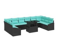vidaXL Juego de Sofá con cojín 11 pcs Negro y Azul ratán sintético, Juego de Salón Exterior, Muebles de Jardín Rectangulares, Sofá Cómodo Resistente, Asientos Modulares para Terraza
