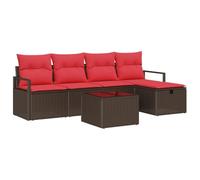 vidaXL Juego de Sofá con cojín 6 pcs Marrón y Rojo ratán sintético, Sofá Modular para jardín y terraza, cómodo, Ligero y Resistente a Rayos UV, Ideal para relajarte al Aire Libre