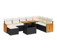 vidaXL Juego de sofá de jardín de 7 piezas con cojines - ratán de poliéster negro/acacia - Muebles modulares de exterior para patio/terraza/balcón con almacenamiento y mesa