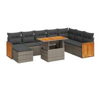 vidaXL Juego de sofá de jardín de 7 piezas, ratán de poliéster gris/madera de acacia, cojines y almacenamiento, muebles de exterior y patio