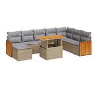 vidaXL Juego de sofá de patio de 7 piezas con cojines, ratán de poliéster beige/acacia, muebles de salón ajustables para exteriores con almacenamiento