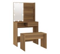 vidaXL Juego de Tocador con LED Mesa de Maquillaje Cosméticos Joyería Almacenamiento Taburete Dormitorio Madera Contrachapada Roble Marrón