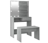 vidaXL Juego de Tocador con LED Mesa de Maquillaje Cosméticos Joyería Almacenamiento Taburete Dormitorio Madera Contrachapada Gris Sonoma