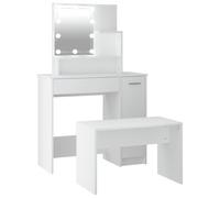 vidaXL Juego de Tocador con LED Mesa de Maquillaje Joyería Cosméticos Almacenamiento Taburete Dormitorio Madera Contrachapada Blanco
